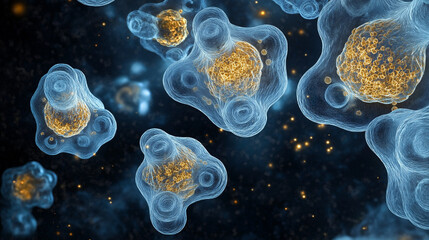 Obraz premium Dynamic Cellular Structures Golden Cores and Blue Outer Layers