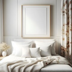 minimalist bedroom room bathed in natural light from a large window. Frame mockup, bedroom room wall poster mockup. Interior mockup with house background. Modern interior design. 