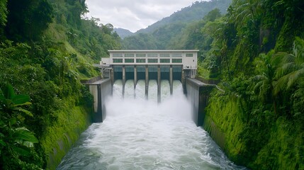 Hydroelectric dam releasing water in lush valley, renewable energy generation