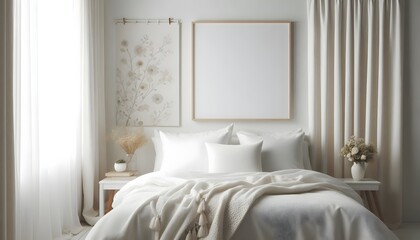minimalist bedroom room bathed in natural light from a large window. Frame mockup, bedroom room wall poster mockup. Interior mockup with house background. Modern interior design. 