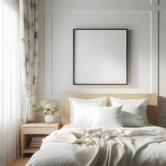 minimalist bedroom room bathed in natural light from a large window. Frame mockup, bedroom room wall poster mockup. Interior mockup with house background. Modern interior design. 
