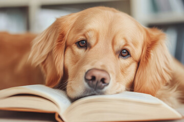Golden retriever resting head on open book, close up of thoughtful dog with soft expression, cozy setting