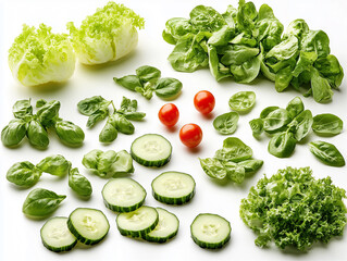 Obraz premium Photography of Food: Sliced Tomatoes, Cucumbers, and Herbs Arranged on a White Background