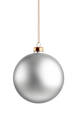 Realistic silver matte christmas ball with ribbon isolated on a transparent background, PNG. High resolution.