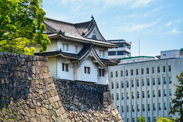 View with Inui-yagura Turret within Osaka Castle, Japan. The massive stone wall outer moat of Osaka Castle