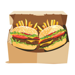 elegant illustration of burger and fries with box