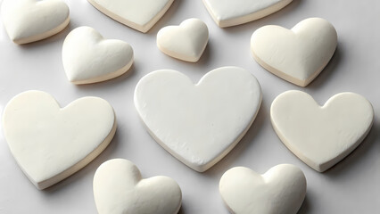 Obraz premium This image presents a close-up, top-down view of several white, heart-shaped objects arranged on a plain white background.