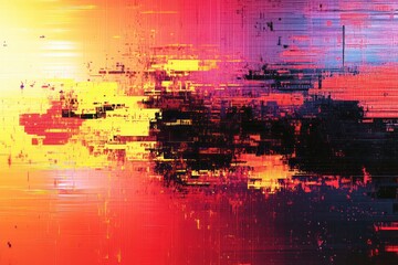 Naklejka premium Overlay of distorted pixels and static, scattered across a vibrant, glitch-filled digital screen