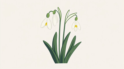 Elegant snowdrop flowers with white petals green stems and lush foliage on a light background calm and natural
