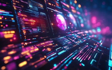 Futuristic digital interface with glowing data streams and a central globe.