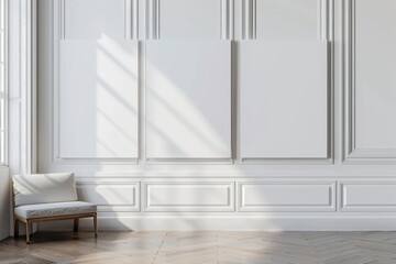 Fototapeta premium Spacious Minimalist Interior with Three Blank Canvases and Light