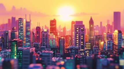 Obraz premium Sunset Cityscape Blocky Modern Architecture Skyline