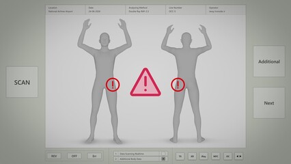 Modern Metal Detector Scanner Security System in Airport: X-Ray Scan of Passenger. 3D Rendering of Analyzing Program Interface for Scanning Human Body. Alert of Detected Suspicious Object, Weapon.
