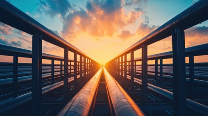 A perspective view of a pathway leading toward a vibrant sunset, framed by steel railings and a dramatic sky.