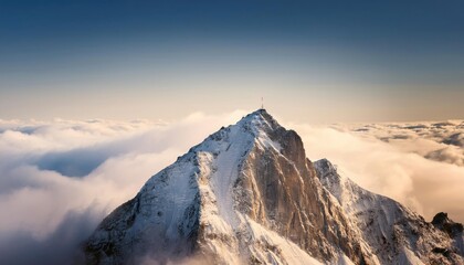 A lone mountain peak above the clouds, symbolizing resilience and achievement 