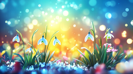 snowdrop flowers blooming in a vibrant scene with colorful bokeh lights creating a magical dreamy springtime atmosphere with glowing effects
