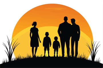 A silhouette of a man and a woman holding hands and a child in front of a sunset