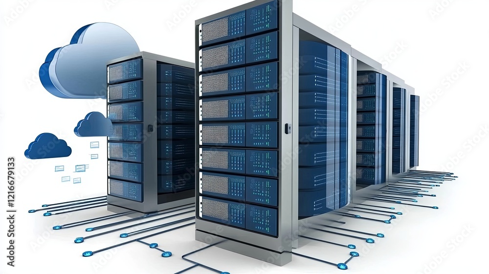 Poster advanced server technology setup in a data center with cloud storage integration showcased. generati