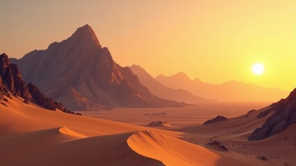 Naklejka premium Golden Hour Desert Landscape Majestic Mountains and Rolling Sand Dunes at Sunset