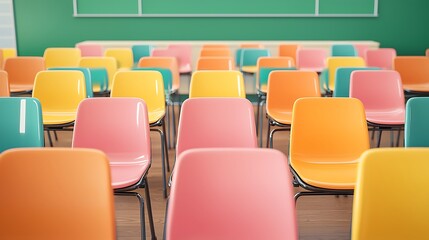 Obraz premium A vibrant classroom filled with colorful chairs arranged in neat rows, set against a green chalkboard backdrop.