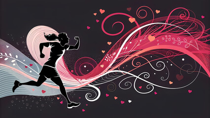 Fototapeta premium This dynamic graphic illustration portrays a female silhouette in a running pose, set against an abstract backdrop of flowing pink and white swirls. 