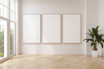 Minimalist Art Gallery Interior with Three Blank Canvas Frames