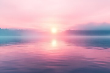 Obraz premium Pastel sunrise over a calm, glassy lake, with the soft, muted colors creating a serene and peaceful morning scene