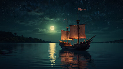 Obraz premium The ship is anchored at night. Night sky with moon. fantasy world