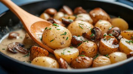 Delicious iron cast pan with creamy potatoes and mushrooms topped with chives on a blue tablecloth