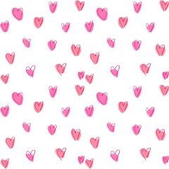 Abstract Cute crayon drawn hearts seamless pattern. Red and pink colored doodle rough hearts for Valentine's day. Hand drawn vector