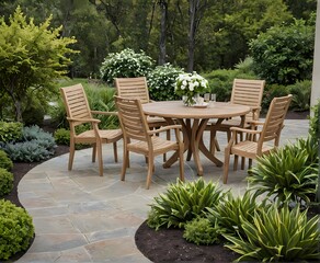 Generative AI Outdoor Dining Set in Lush Garden Ideal for showcasing outdoor living, patio furniture, or garden designs. Evokes relaxation, gatherings and summer