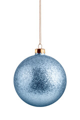 Realistic light blue glitter christmas ball with ribbon isolated on a transparent background, PNG. High resolution.