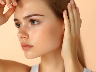 Naklejka premium Captivating Portrait of a Young Woman Showcasing Natural Beauty and Glowing Skin Against a Soft Pastel Background