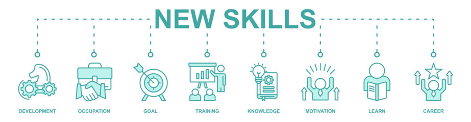 New Skills banner web icon vector illustration concept with icon of development, occupation, goal, training, knowledge, motivation, learn, career