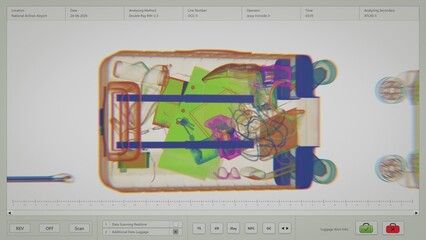 Security System in Airport Terminal: X-Ray Scan of Passengers Suitcases Moving On Conveyor. 3D Graphics of Modern Computer Software Interface or Analyzing Program for Scanning Luggage At Departures.