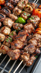 Delicious aerial view of perfectly grilled kebabs featuring lamb and chicken with mini peppers and vibrant colors