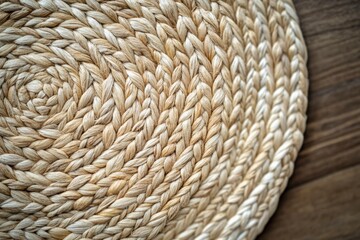Obraz premium Natural Woven Straw Mat on Wooden Surface for Interior Decoration