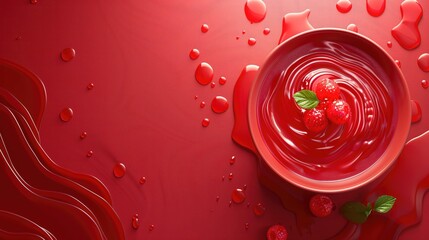 Fototapeta premium A vivid close-up shot of a bowl filled with smooth, rich red sauce or jam on a scarlet background. A few fresh red berries and a sprig of mint add a freshness to the dish