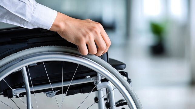 Person in professional attire holds onto wheelchair while using a laptop in an office, highlighting the importance of accessibility