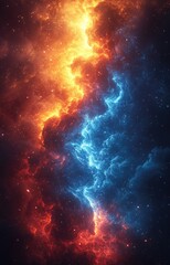 Obraz premium Fiery and Icy Cosmic Nebula A Dynamic Abstract Space Art