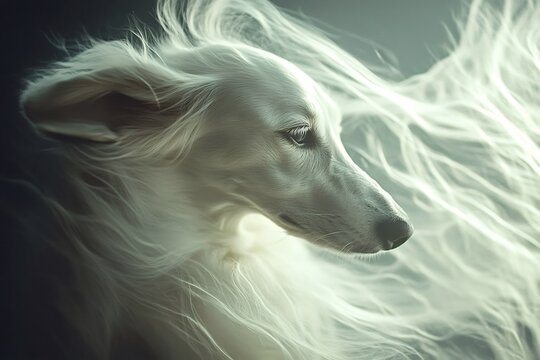 Studio portrait of a white silken windhound with its long, flowing hair illuminated by soft lighting, creating a dreamy and elegant atmosphere