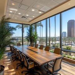Obraz premium Modern conference room with large windows and city view.