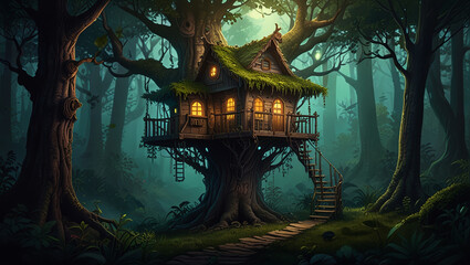 Obraz premium tree house in the forest in a fantasy world style