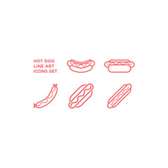 Hot dog icons set. Bun with sausage vector sign.