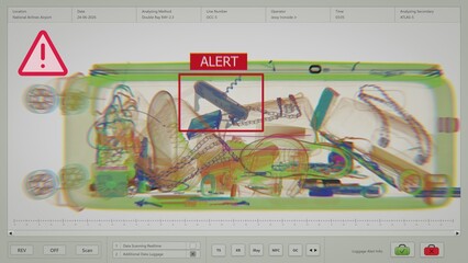 X-Ray Scan: Bags of Passengers Moving On Conveyor. 3D Animation of Modern Computer Software...