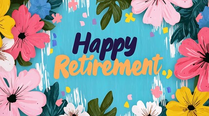 A vibrant, floral design featuring the phrase "Happy Retirement" in bold colors, celebrating a joyful transition into retirement.