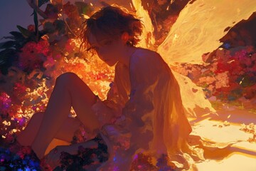 A Golden Winged Fairy Rests Among Flowers