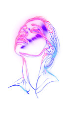 A stunning neon illustration of a female silhouette with flowing pink and blue energy lines on a black background. Ideal for creative or futuristic designs.