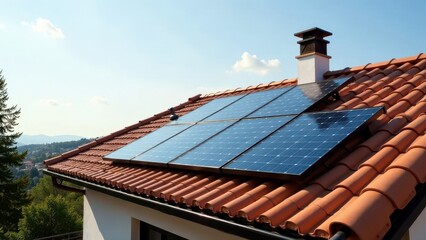Residential home showcasing modern solar panel installation on a terracotta tiled roof, seamlessly integrated for sustainable energy generation.