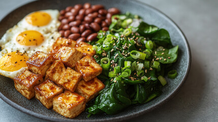 Fototapeta premium A nutritious meal featuring fried tofu, eggs, beans, and spinach on a gray plate, beautifully arranged in 2019